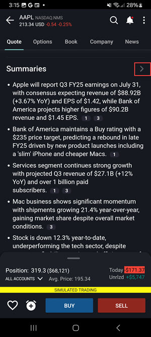 The summaries page on the android phone